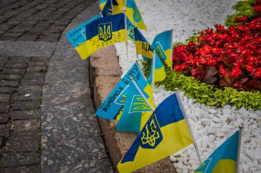 Kharkiv, Ukrayna, 15 Haziran 2024 Kharkiv meydanında ölen bir askerin adını taşıyan küçük bir bayrak dikilir. Her gün yeni bayraklar eklendiğini görüyoruz..