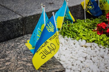 Kharkiv, Ukrayna, 15 Haziran 2024 Kharkiv meydanında ölen bir askerin adını taşıyan küçük bir bayrak dikilir. Her gün yeni bayraklar eklendiğini görüyoruz..