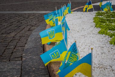 Kharkiv, Ukrayna, 15 Haziran 2024 Kharkiv meydanında ölen bir askerin adını taşıyan küçük bir bayrak dikilir. Her gün yeni bayraklar eklendiğini görüyoruz..