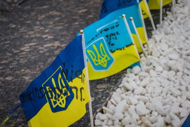 Kharkiv, Ukrayna, 15 Haziran 2024 Kharkiv meydanında ölen bir askerin adını taşıyan küçük bir bayrak dikilir. Her gün yeni bayraklar eklendiğini görüyoruz..