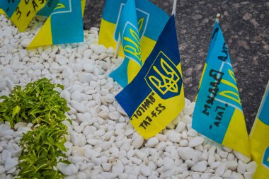 Kharkiv, Ukrayna, 15 Haziran 2024 Kharkiv meydanında ölen bir askerin adını taşıyan küçük bir bayrak dikilir. Her gün yeni bayraklar eklendiğini görüyoruz..