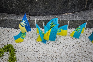 Kharkiv, Ukrayna, 15 Haziran 2024 Kharkiv meydanında ölen bir askerin adını taşıyan küçük bir bayrak dikilir. Her gün yeni bayraklar eklendiğini görüyoruz..