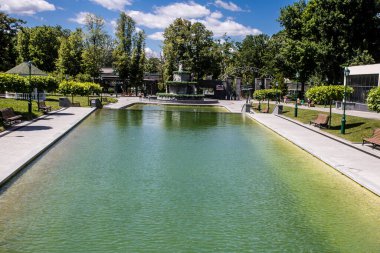 Kharkiv, Ukrayna, 21 Haziran 2024 Shevchenko Garden, yüzyıllık meşe ağaçları, fıskiyeler, çiçek yatakları ve spor malzemeleriyle Harkiv 'in göbeğinde bulunan zarif bir park. İnsanlar oraya yürümeyi sever..