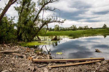 Kharkiv Oblast, Ukraine, June 25, 2024 Destroyed bridge on the front line in the gray zone between the Ukrainian and Russian armed forces. Buffer zone is dangerous and fighting rages in the region. clipart