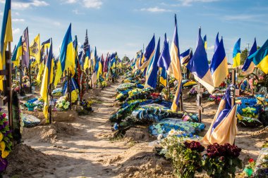 Kharkiv, Ukrayna, 28 Haziran 2024 Aleya Slavy, Harkiv 'in güneyindeki askeri mezarlık. Askerlerin mezarları, Ukrayna 'yı savunan kahramanlar göz alabildiğince uzanan çiçeklerle kaplıdır..