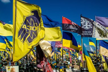 Kharkiv, Ukrayna, 28 Haziran 2024 Aleya Slavy, Harkiv 'in güneyindeki askeri mezarlık. Askerlerin mezarları, Ukrayna 'yı savunan kahramanlar göz alabildiğince uzanan çiçeklerle kaplıdır..