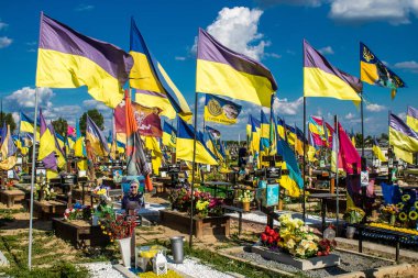 Kharkiv, Ukrayna, 28 Haziran 2024 Aleya Slavy, Harkiv 'in güneyindeki askeri mezarlık. Askerlerin mezarları, Ukrayna 'yı savunan kahramanlar göz alabildiğince uzanan çiçeklerle kaplıdır..