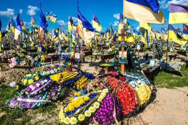 Kharkiv, Ukrayna, 28 Haziran 2024 Aleya Slavy, Harkiv 'in güneyindeki askeri mezarlık. Askerlerin mezarları, Ukrayna 'yı savunan kahramanlar göz alabildiğince uzanan çiçeklerle kaplıdır..