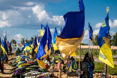 Kharkiv, Ukrayna, 28 Haziran 2024 Aleya Slavy, Harkiv 'in güneyindeki askeri mezarlık. Askerlerin mezarları, Ukrayna 'yı savunan kahramanlar göz alabildiğince uzanan çiçeklerle kaplıdır..