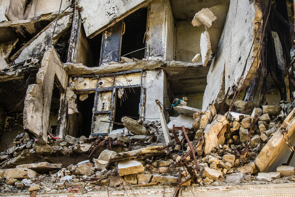 Kharkiv, Ukraine, July 08, 2024 Damaged building in Saltivka, a northern district in the metropolis of Kharkiv. The suburban area was hit harder by Russian shelling than any other area in the country.