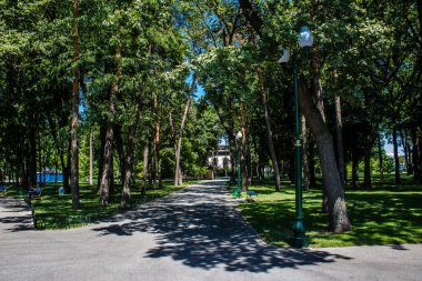 Kharkiv, Ukrayna, 9 Temmuz 2024 Maxim Gorky Park for Culture and Leisure, Kharkiv 'de bir belediye parkı. 2022 Kharkiv Muharebesi sırasında park ağır hasar gördü ve halka kapalı kalmaya devam ediyor.