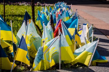 Odessa, Ukrayna, 13 Temmuz 2024 Kharkiv meydanında ölen bir askerin adını taşıyan küçük bir bayrak dikilir. Her gün yeni bayraklar eklendiğini görüyoruz..