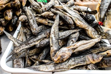 Odesa, Ukrayna, 27 Temmuz 2024. Odesa 'daki en büyük gıda pazarı ve dünyanın en büyük pazarlarından biri olan ünlü Pryvoz pazarında balık ve deniz ürünleri satılıyor..