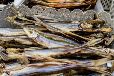 Odesa, Ukrayna, 27 Temmuz 2024. Odesa 'daki en büyük gıda pazarı ve dünyanın en büyük pazarlarından biri olan ünlü Pryvoz pazarında balık ve deniz ürünleri satılıyor..