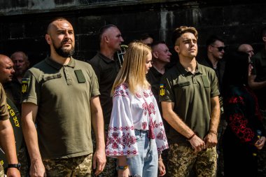 Lviv, Ukrayna, 18 Ağustos 2024 Ukrayna askeri müzik grubu Siver Orkestrası Ukrayna 'nın Lviv şehrinde Ukrayna ordusu için bir bağış etkinliği düzenledi..