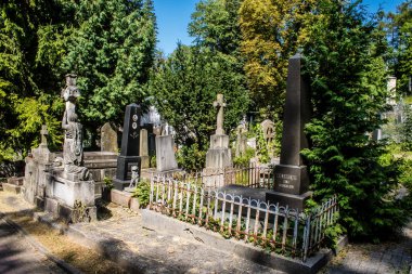 Lviv, Ukrayna, 19 Ağustos 2024 Lychakiv Mezarlığı. Lviv sakinlerinin ve ünlü kişiliklerin mezarlarını içeriyor. Mezarlardan kimi gerçekten sanat eseridir, kimi de kabirleri süsleyip-donatır..