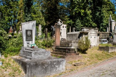 Lviv, Ukrayna, 19 Ağustos 2024 Lychakiv Mezarlığı. Lviv sakinlerinin ve ünlü kişiliklerin mezarlarını içeriyor. Mezarlardan kimi gerçekten sanat eseridir, kimi de kabirleri süsleyip-donatır..