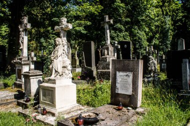 Lviv, Ukrayna, 19 Ağustos 2024 Lychakiv Mezarlığı. Lviv sakinlerinin ve ünlü kişiliklerin mezarlarını içeriyor. Mezarlardan kimi gerçekten sanat eseridir, kimi de kabirleri süsleyip-donatır..