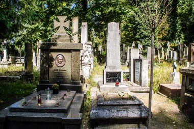Lviv, Ukrayna, 19 Ağustos 2024 Lychakiv Mezarlığı. Lviv sakinlerinin ve ünlü kişiliklerin mezarlarını içeriyor. Mezarlardan kimi gerçekten sanat eseridir, kimi de kabirleri süsleyip-donatır..