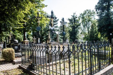 Lviv, Ukrayna, 19 Ağustos 2024 Lychakiv Mezarlığı. Lviv sakinlerinin ve ünlü kişiliklerin mezarlarını içeriyor. Mezarlardan kimi gerçekten sanat eseridir, kimi de kabirleri süsleyip-donatır..