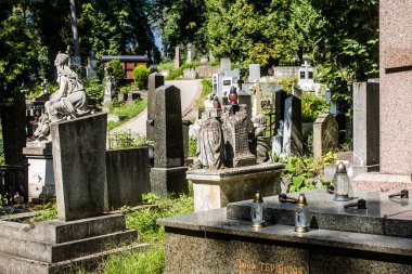 Lviv, Ukrayna, 19 Ağustos 2024 Lychakiv Mezarlığı. Lviv sakinlerinin ve ünlü kişiliklerin mezarlarını içeriyor. Mezarlardan kimi gerçekten sanat eseridir, kimi de kabirleri süsleyip-donatır..
