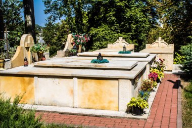 Lviv, Ukrayna, 19 Ağustos 2024 Lychakiv Mezarlığı. Lviv sakinlerinin ve ünlü kişiliklerin mezarlarını içeriyor. Mezarlardan kimi gerçekten sanat eseridir, kimi de kabirleri süsleyip-donatır..