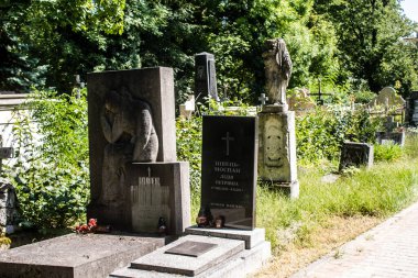 Lviv, Ukrayna, 19 Ağustos 2024 Lychakiv Mezarlığı. Lviv sakinlerinin ve ünlü kişiliklerin mezarlarını içeriyor. Mezarlardan kimi gerçekten sanat eseridir, kimi de kabirleri süsleyip-donatır..