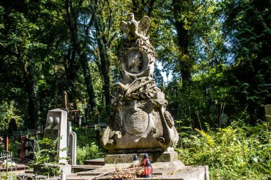 Lviv, Ukrayna, 19 Ağustos 2024 Lychakiv Mezarlığı. Lviv sakinlerinin ve ünlü kişiliklerin mezarlarını içeriyor. Mezarlardan kimi gerçekten sanat eseridir, kimi de kabirleri süsleyip-donatır..