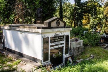 Lviv, Ukrayna, 19 Ağustos 2024 Lychakiv Mezarlığı. Lviv sakinlerinin ve ünlü kişiliklerin mezarlarını içeriyor. Mezarlardan kimi gerçekten sanat eseridir, kimi de kabirleri süsleyip-donatır..