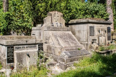 Lviv, Ukrayna, 19 Ağustos 2024 Lychakiv Mezarlığı. Lviv sakinlerinin ve ünlü kişiliklerin mezarlarını içeriyor. Mezarlardan kimi gerçekten sanat eseridir, kimi de kabirleri süsleyip-donatır..