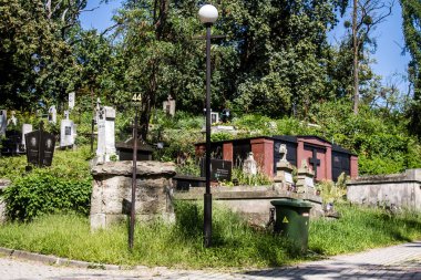 Lviv, Ukrayna, 19 Ağustos 2024 Lychakiv Mezarlığı. Lviv sakinlerinin ve ünlü kişiliklerin mezarlarını içeriyor. Mezarlardan kimi gerçekten sanat eseridir, kimi de kabirleri süsleyip-donatır..