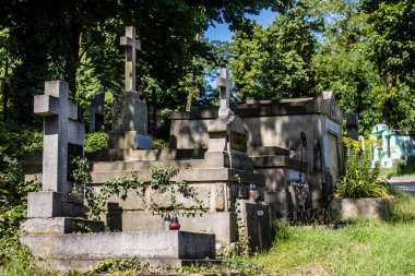Lviv, Ukrayna, 19 Ağustos 2024 Lychakiv Mezarlığı. Lviv sakinlerinin ve ünlü kişiliklerin mezarlarını içeriyor. Mezarlardan kimi gerçekten sanat eseridir, kimi de kabirleri süsleyip-donatır..