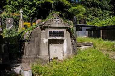 Lviv, Ukrayna, 19 Ağustos 2024 Lychakiv Mezarlığı. Lviv sakinlerinin ve ünlü kişiliklerin mezarlarını içeriyor. Mezarlardan kimi gerçekten sanat eseridir, kimi de kabirleri süsleyip-donatır..