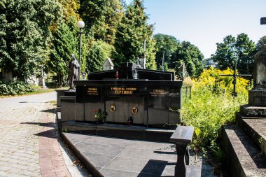 Lviv, Ukrayna, 19 Ağustos 2024 Lychakiv Mezarlığı. Lviv sakinlerinin ve ünlü kişiliklerin mezarlarını içeriyor. Mezarlardan kimi gerçekten sanat eseridir, kimi de kabirleri süsleyip-donatır..