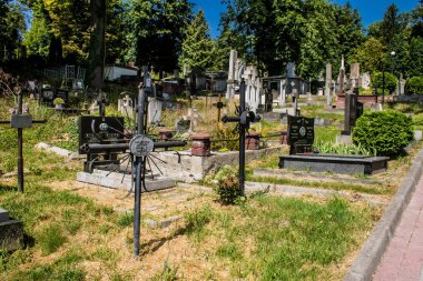 Lviv, Ukrayna, 19 Ağustos 2024 Lychakiv Mezarlığı. Lviv sakinlerinin ve ünlü kişiliklerin mezarlarını içeriyor. Mezarlardan kimi gerçekten sanat eseridir, kimi de kabirleri süsleyip-donatır..
