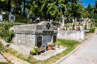 Lviv, Ukrayna, 19 Ağustos 2024 Lychakiv Mezarlığı. Lviv sakinlerinin ve ünlü kişiliklerin mezarlarını içeriyor. Mezarlardan kimi gerçekten sanat eseridir, kimi de kabirleri süsleyip-donatır..