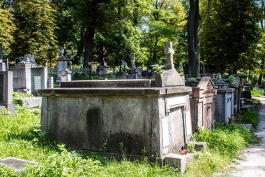 Lviv, Ukrayna, 19 Ağustos 2024 Lychakiv Mezarlığı. Lviv sakinlerinin ve ünlü kişiliklerin mezarlarını içeriyor. Mezarlardan kimi gerçekten sanat eseridir, kimi de kabirleri süsleyip-donatır..