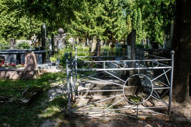 Lviv, Ukrayna, 19 Ağustos 2024 Lychakiv Mezarlığı. Lviv sakinlerinin ve ünlü kişiliklerin mezarlarını içeriyor. Mezarlardan kimi gerçekten sanat eseridir, kimi de kabirleri süsleyip-donatır..