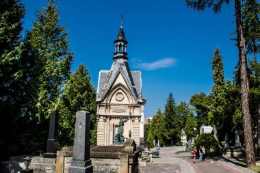 Lviv, Ukrayna, 19 Ağustos 2024 Lychakiv Mezarlığı. Lviv sakinlerinin ve ünlü kişiliklerin mezarlarını içeriyor. Mezarlardan kimi gerçekten sanat eseridir, kimi de kabirleri süsleyip-donatır..