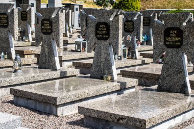 Lviv, Ukrayna, 19 Ağustos 2024 Lviv Askeri Mezarlığı. Askerlerin mezarları, Ukrayna 'yı savunan kahramanlar göz alabildiğince uzanan çiçeklerle kaplıdır..