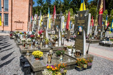 Lviv, Ukrayna, 19 Ağustos 2024 Lviv Askeri Mezarlığı. Askerlerin mezarları, Ukrayna 'yı savunan kahramanlar göz alabildiğince uzanan çiçeklerle kaplıdır..
