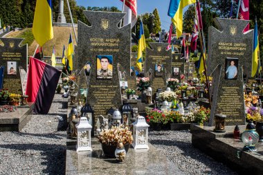 Lviv, Ukrayna, 19 Ağustos 2024 Lviv Askeri Mezarlığı. Askerlerin mezarları, Ukrayna 'yı savunan kahramanlar göz alabildiğince uzanan çiçeklerle kaplıdır..