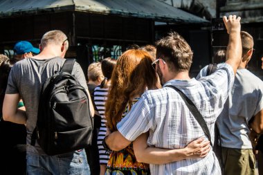 Lviv, Ukrayna, 18 Ağustos 2024 Ukrayna askeri bandosu Siver Orchestra 'nın Ukrayna' daki Lviv şehrindeki Ukrayna ordusuna bağış toplamak için verdiği bir konsere katıldı..