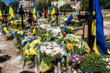 Lviv, Ukrayna, 23 Ağustos 2024 Lviv Askeri Mezarlığı. Askerlerin mezarları, Ukrayna 'yı savunan kahramanlar göz alabildiğince uzanan çiçeklerle kaplıdır. Her gün yeni cenazeler ekleniyor.