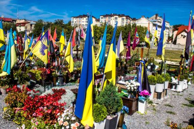 Lviv, Ukrayna, 23 Ağustos 2024 Lviv Askeri Mezarlığı. Askerlerin mezarları, Ukrayna 'yı savunan kahramanlar göz alabildiğince uzanan çiçeklerle kaplıdır. Her gün yeni cenazeler ekleniyor.