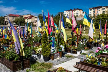 Lviv, Ukrayna, 23 Ağustos 2024 Lviv Askeri Mezarlığı. Askerlerin mezarları, Ukrayna 'yı savunan kahramanlar göz alabildiğince uzanan çiçeklerle kaplıdır. Her gün yeni cenazeler ekleniyor.