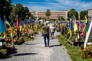 Lviv, Ukrayna, 23 Ağustos 2024 Lviv Askeri Mezarlığı. Askerlerin mezarları, Ukrayna 'yı savunan kahramanlar göz alabildiğince uzanan çiçeklerle kaplıdır. Her gün yeni cenazeler ekleniyor.