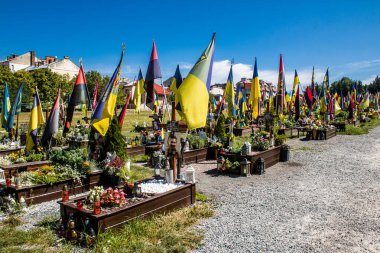 Lviv, Ukrayna, 23 Ağustos 2024 Lviv Askeri Mezarlığı. Askerlerin mezarları, Ukrayna 'yı savunan kahramanlar göz alabildiğince uzanan çiçeklerle kaplıdır. Her gün yeni cenazeler ekleniyor.