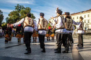 Lviv, Ukrayna, 24 Ağustos 2024. Geleneksel Ukrayna kıyafeti giymiş bir grup dansçı, Bağımsızlık Günü 'nü kutlamak için Lviv şehir merkezinde bir müzik ve dans gösterisine katılıyor..