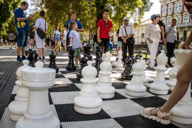 Lviv, Ukrayna, 24 Ağustos 2024 Çocuklar Lviv Satranç Kulübü tarafından düzenlenen keşif gününe katıldılar. Bu etkinlik satranç kulübünü tanıtmayı ve yeni üyeler almayı amaçlıyor..